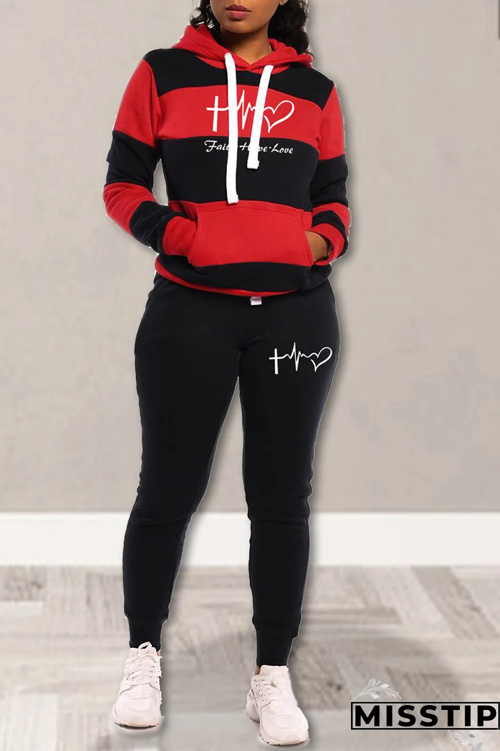 Black Street Striped Draw String Hooded Collar Long Sleeve Two Pieces