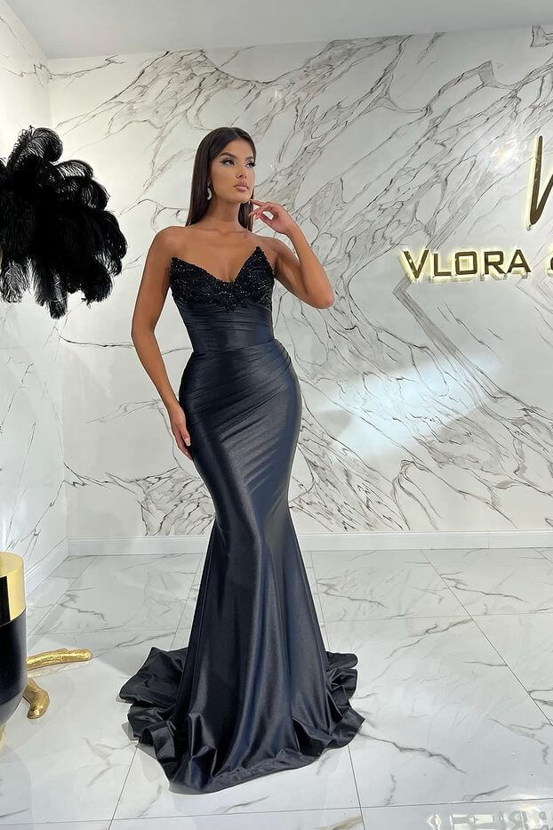 Bellasprom Dark Navy V-Neck Sleeveless Evening Dress Mermaid Pleated With Beads Bellasprom