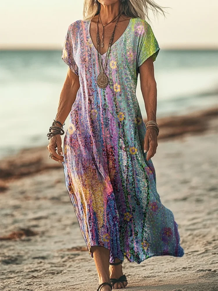 Women's Glitter Floral Art Print Short Sleeve Pocket Cotton Linen Dress