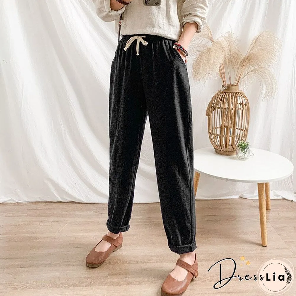 Summer Womens Pants-Cotton Linen Large Size Casual Loose Ankle-Long Capri Drawstring