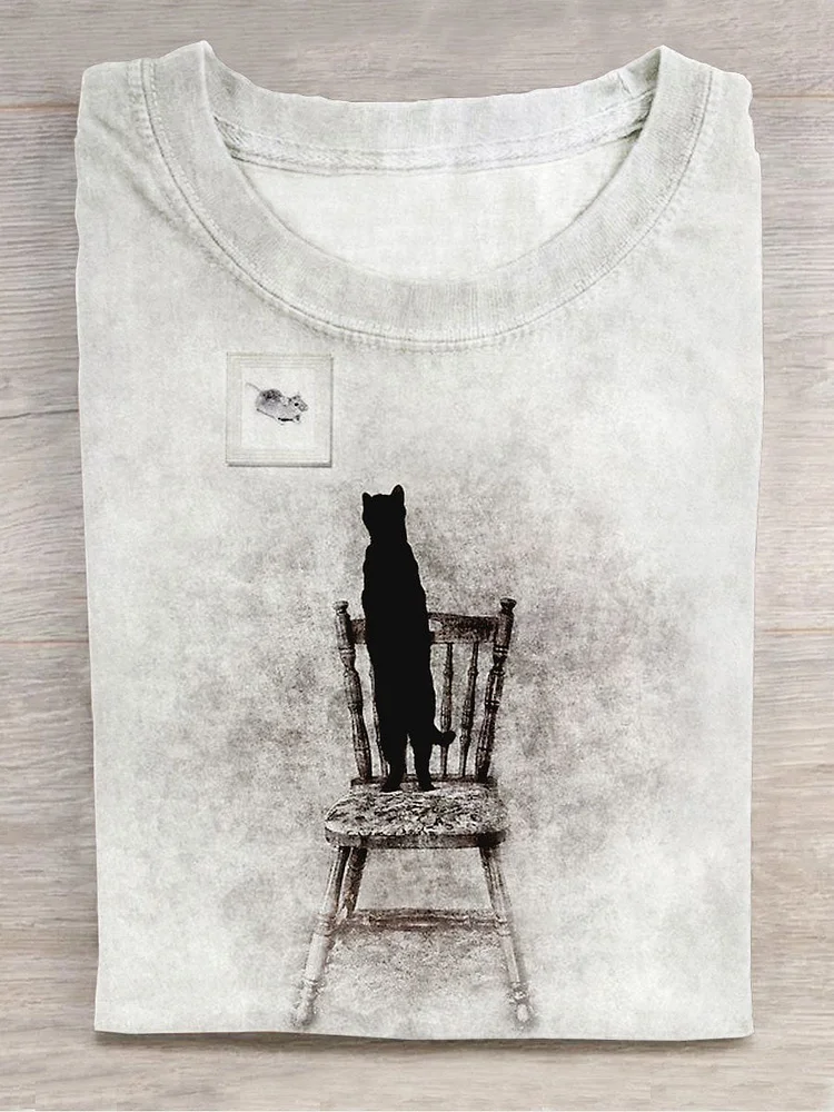 Unisex Cat Art Print Crew Neck Short Sleeve T-Shirt