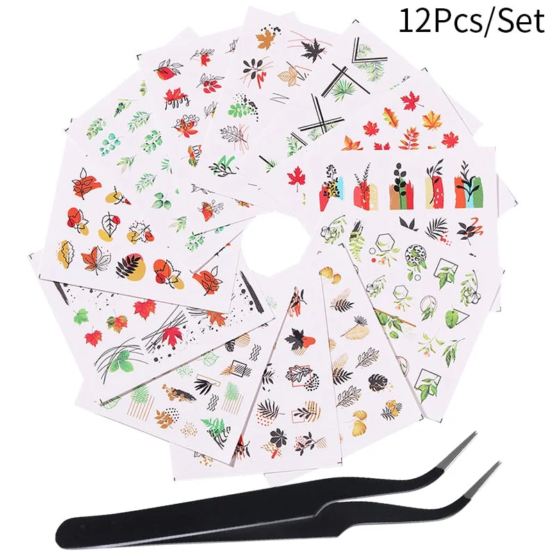 1 Tweezers +12 Water Decals Stickers Spring Summer Flower Leaves Butterfly Geometric Lots Nail Art Tattoo Decorations Manicures