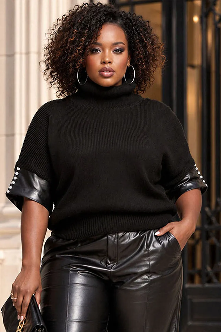 Xpluswear Design Plus Size Business Casual Black High Collar Short Sleeve Pearls Rib Knit Sweaters [Pre-Order] 2024 - Xpluswear