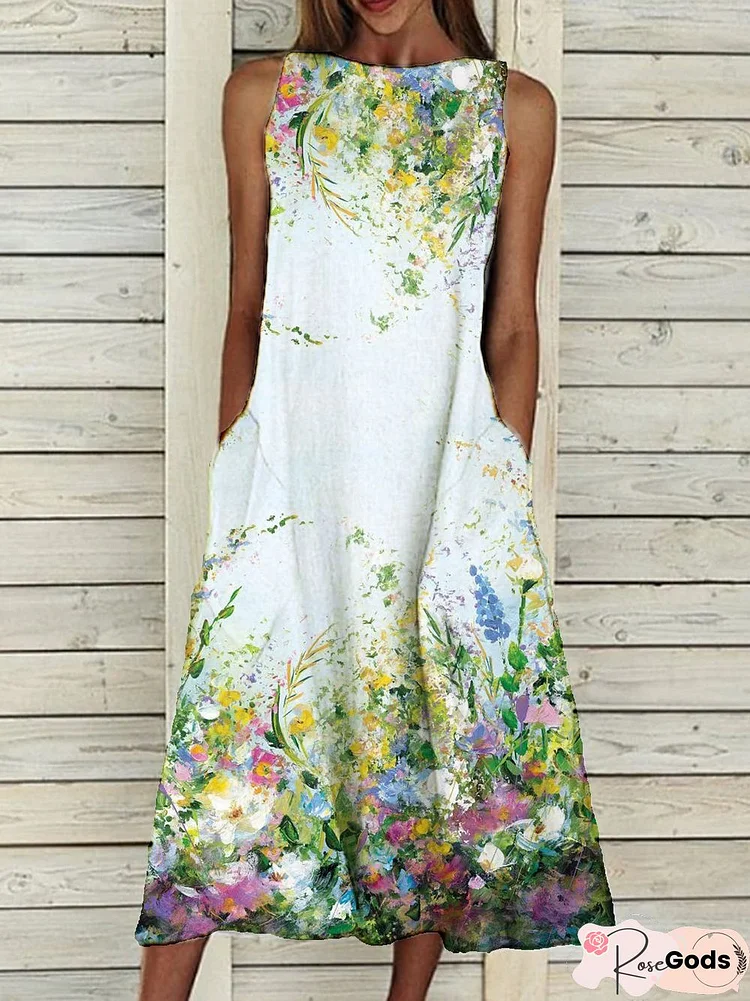 Sleeveless Elegant Crew Neck Floral-Print Women Dress