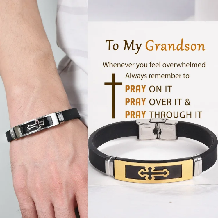 To My Grandson Cross Leather Bracelet "Pray Through It" Christmas Gifts for Grandson