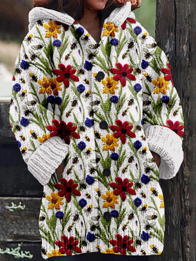 VChics Wildflowers and Bees Embroidery Art Cozy Hooded Cardigan