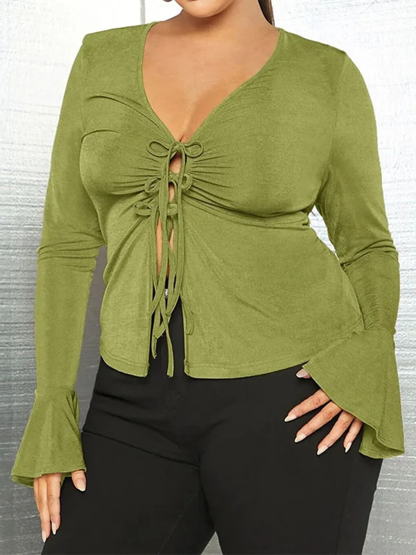 Solid Color Tied Flared Sleeves Long Sleeves Deep V-Neck T-Shirts Tops