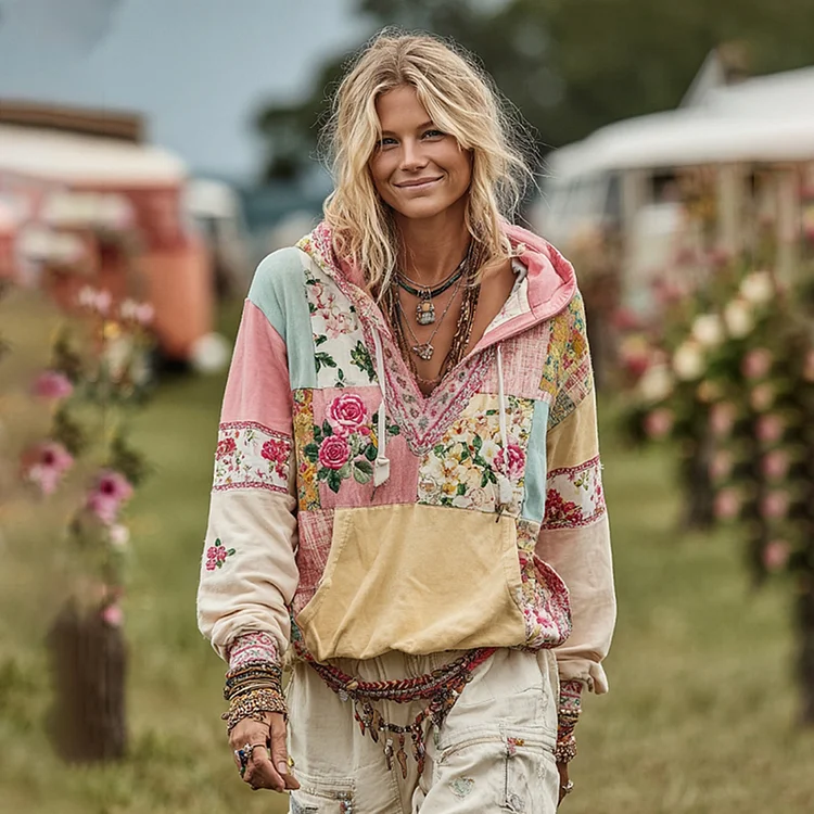 Women's Vintage Rose Floral Patchwork Art Cozy Warm Hoodie