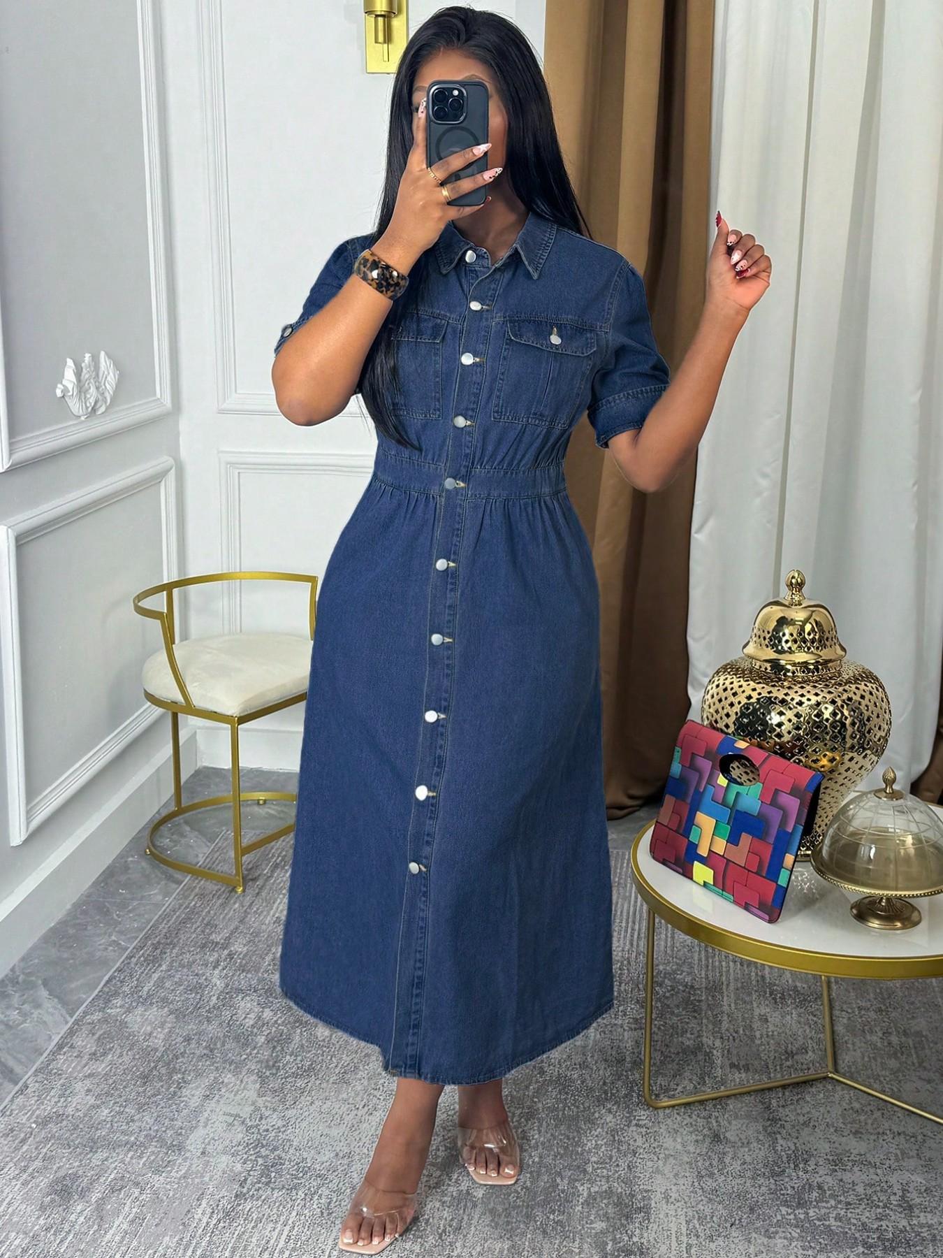 Chic Denim Shirt Dress, Button-Down Midi Dress with Chest Pockets and Cuffed Sleeves, Effortless Casual Jean Dress Chic Denim Shirt Dress, Button-Down Midi Dress with Chest Pockets and Cuffed Sleeves, Effortless Casual Jean Dress