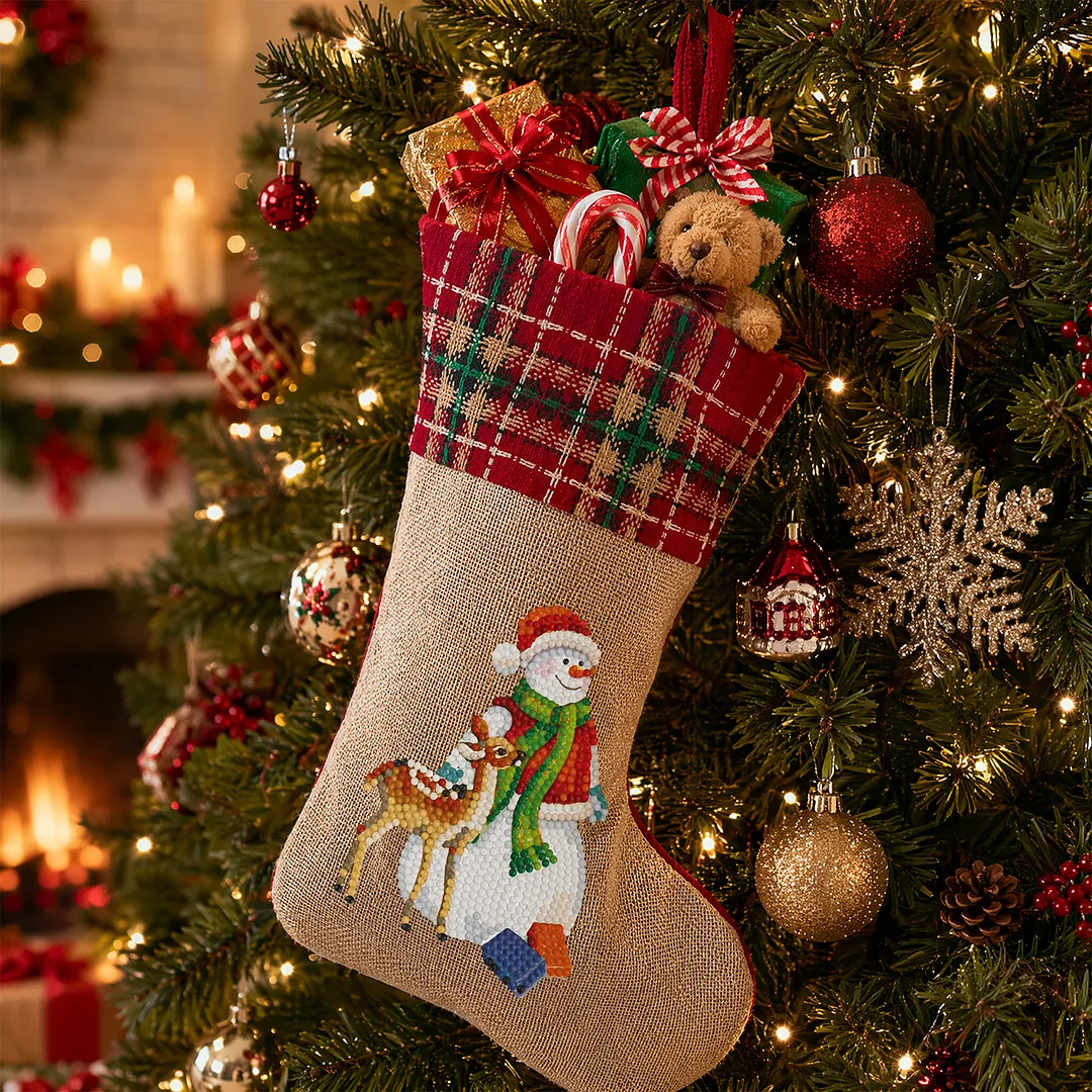 DIY Diamond Painting Christmas Stockings Hanging Ornaments Large Capacity Xmas Socks Pendant Wear Resist Candy Gift Storage Bags for Family Christmas Holiday Party Decoration (Snowman)