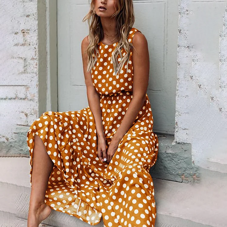 Comstylish Bohemian Wave Point Sleeveless Maxi Dress