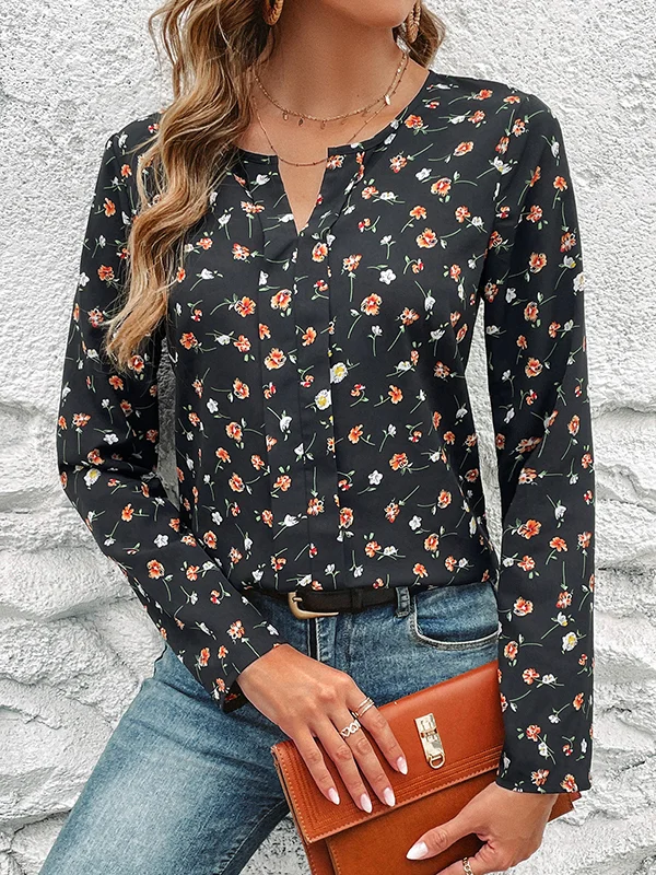 Flower Print Long Sleeves Loose Round-Neck Blouses&Shirts Tops