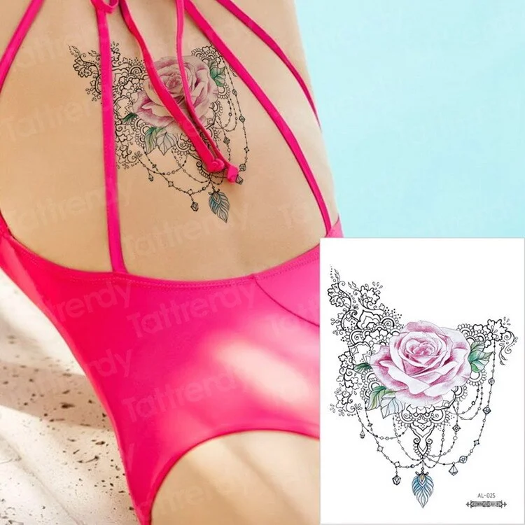 Waterproof Temporary Sticker Geometric dragonfly Sternum Tattoo Black Triangle Tattoos Body Arm Fake Tatoo Chains Sternal patch