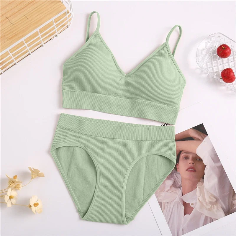 FINETOO Women Padded Bra Panties Set Soft Backless Tops Wireless Bras Set Seamless Underwear Women Lingerie Set Fitness Top S-XL