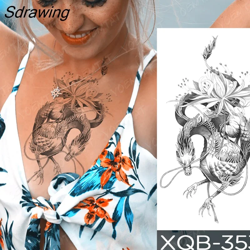 Sdrawing Temporary Tattoo Sticker Rose Snake Flower Tattoos Lace Tiger Dragon Body Art Arm Fake Sleeve Tatoo Women