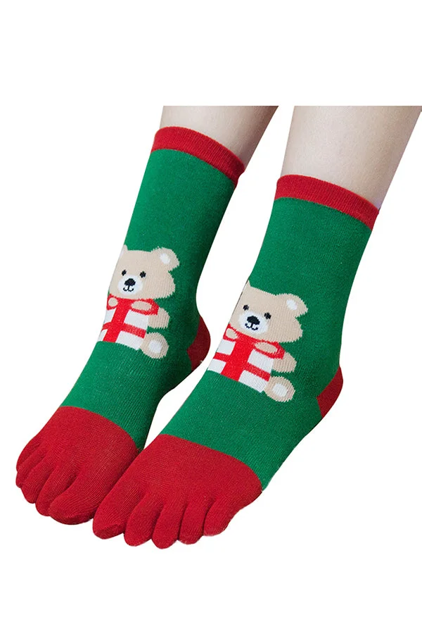Cute Teddy Bear Print Color Block Christmas Toe Socks Green-elleschic