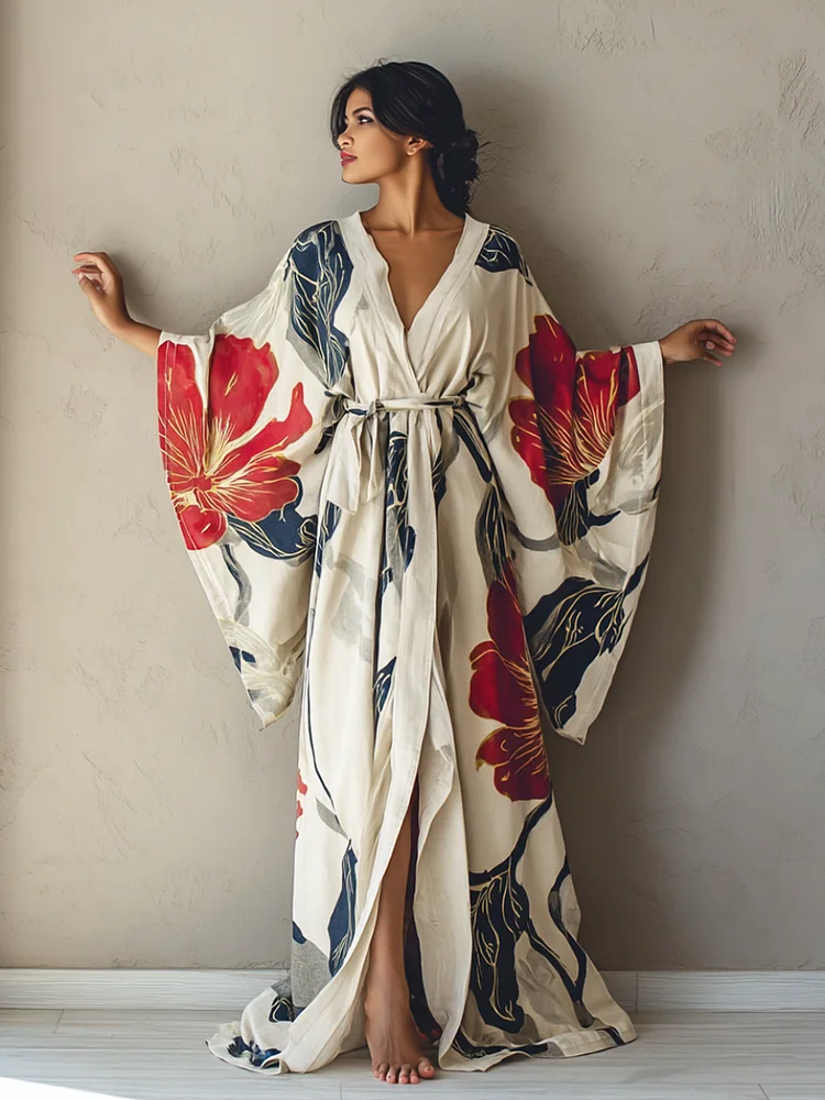 Women's Red Floral Kimono Linen Robe (Including Belt)