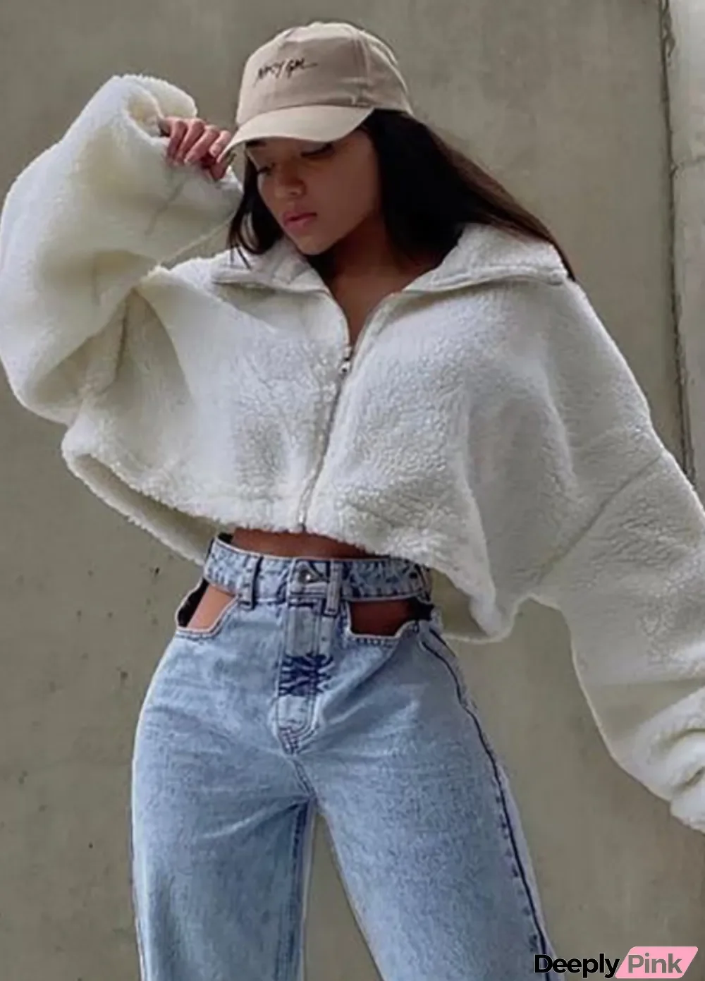 Winter White Puff Sleeve Zipped Up Cropped Fleece Coat
