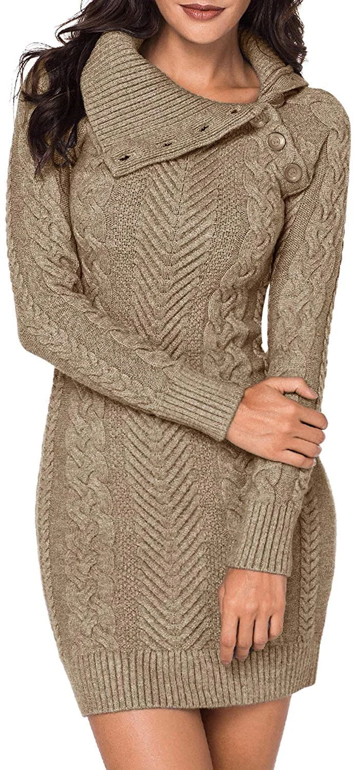 Womens Turtleneck Long Sleeve Elasticity Chunky Cable Knit Pullover Sweaters Jumper with Pockets