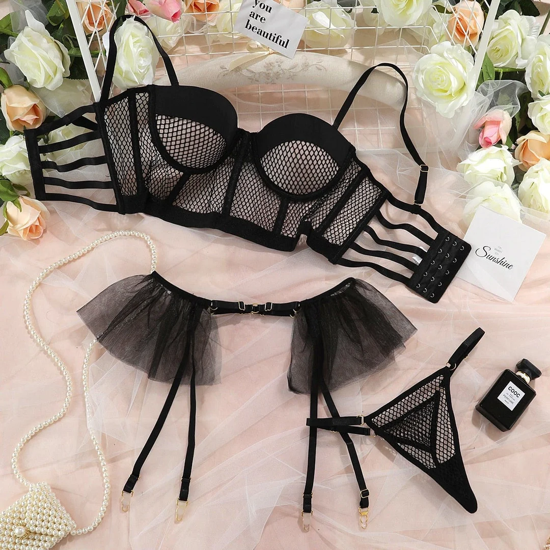 3-Piece Mesh Bra Corset and Thong Set with Garter Belt Skirt