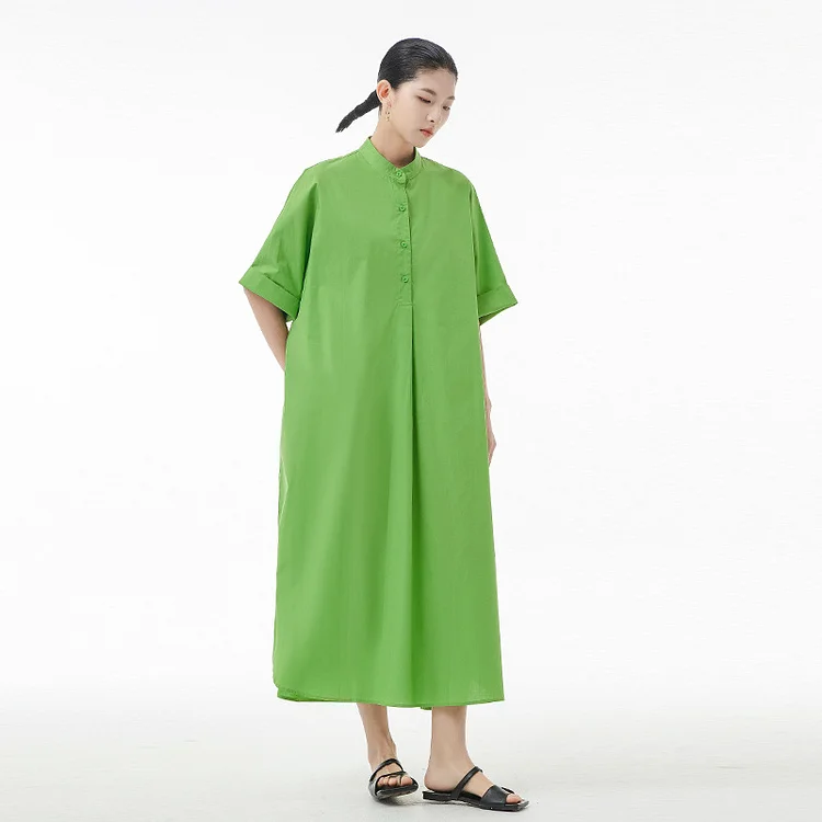 Simple Loose Solid Color Button Half Stand Collar Half Sleeve Dress      