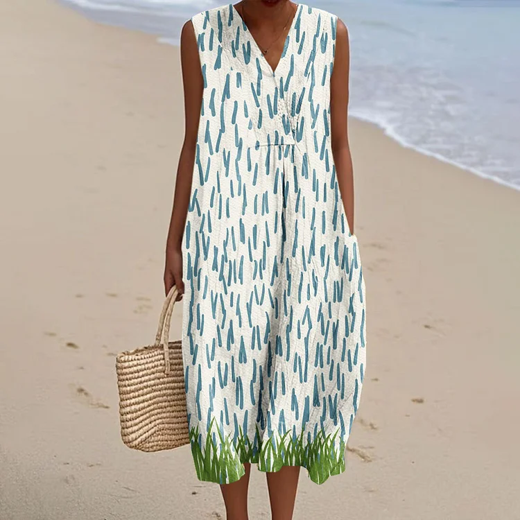Women's Vintage Abstract Geometric Lines Art Print Sleeveless Cotton Pocket Wrap V Neck Dress