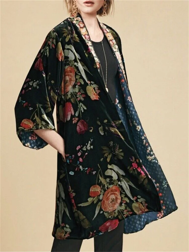 Vintage Cardigan Floral Pattern 3/4 Sleeve Velvet Coat
