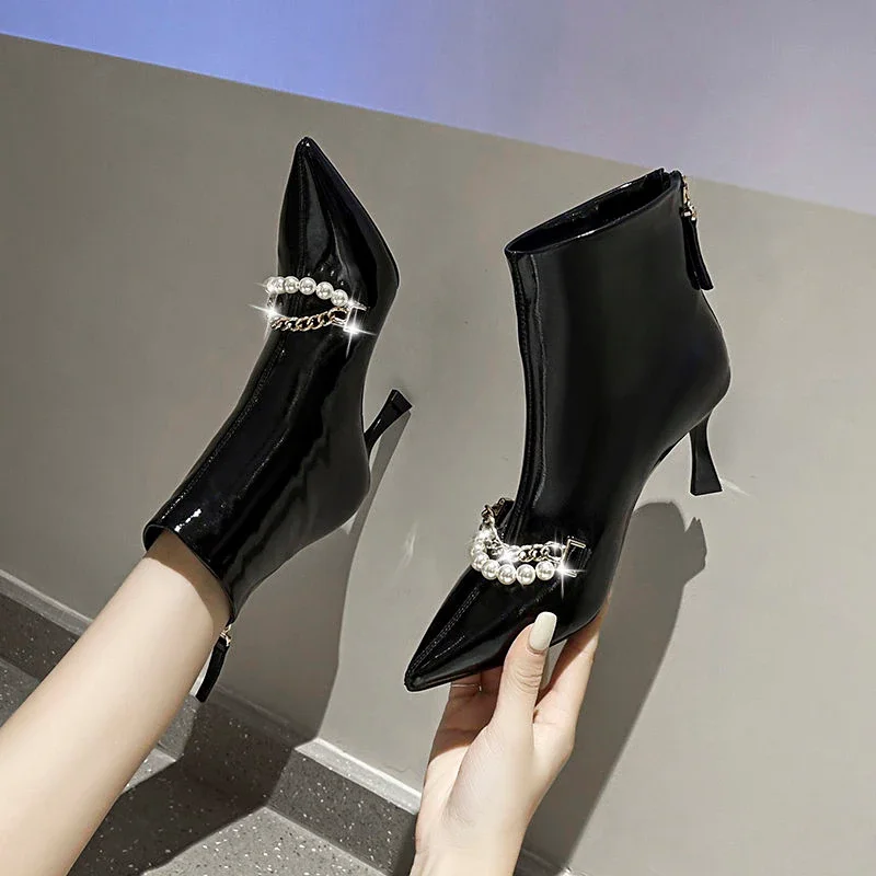 Qengg Spring Women Shoes European Patent Leather Pointed Toe Back Zipper Ankle Boots Female High-heeled Stiletto Martin Boots