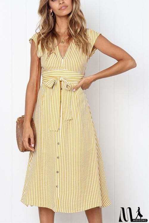 MidiSono - V Neck Tie Waist Dress