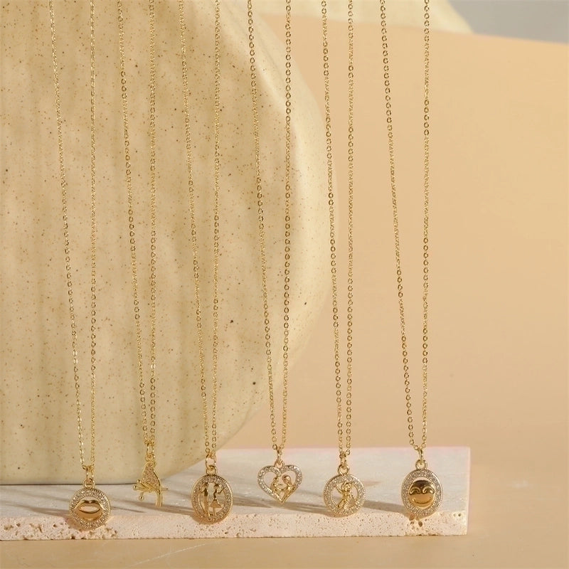 Copper 14K Gold Plated Vintage Style Minimalist Lips Heart Shape Bird Hollow Out Inlay Zircon Pendant Necklace