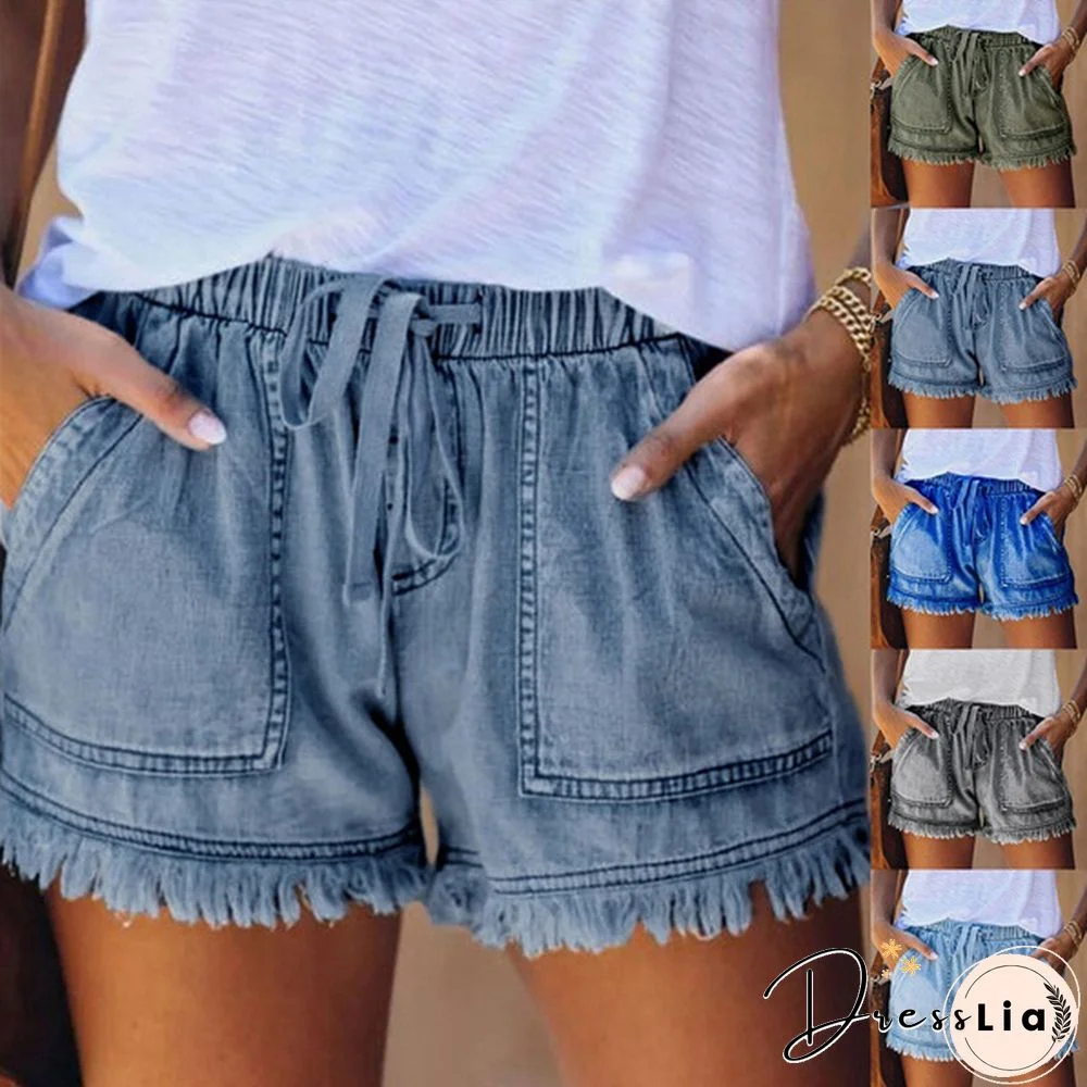 Summer Women Elastic Waist Casual Denim Shorts High Waist Slim Jean Shorts Women Hot Pants