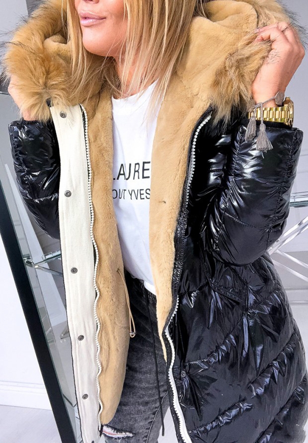 Mature Women Leisure Warm Coat With Hood Slim-fit Solid Color Glossy