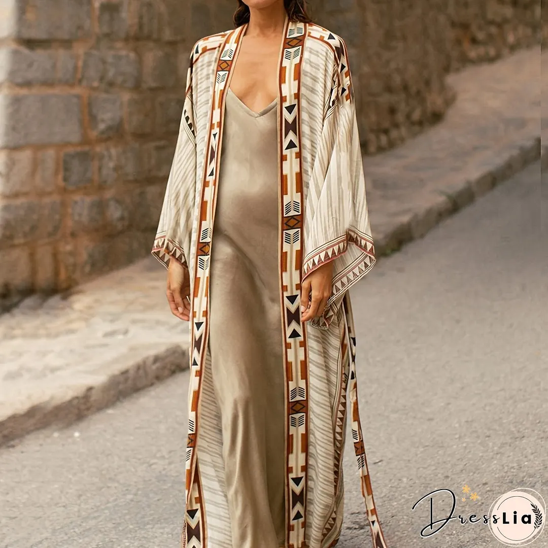 Geo Print Open Front Belted Kimono, Boho Long Sleeve Beachwear Cove Up, Women's Clothing