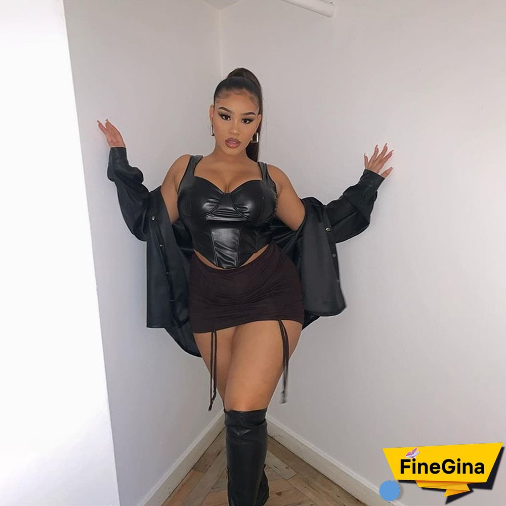 Faux Pu Leather Sexy Tank Push Up Brown Corset Crop Tops Women Club Party Sleeveless Female Backless Camis Tees