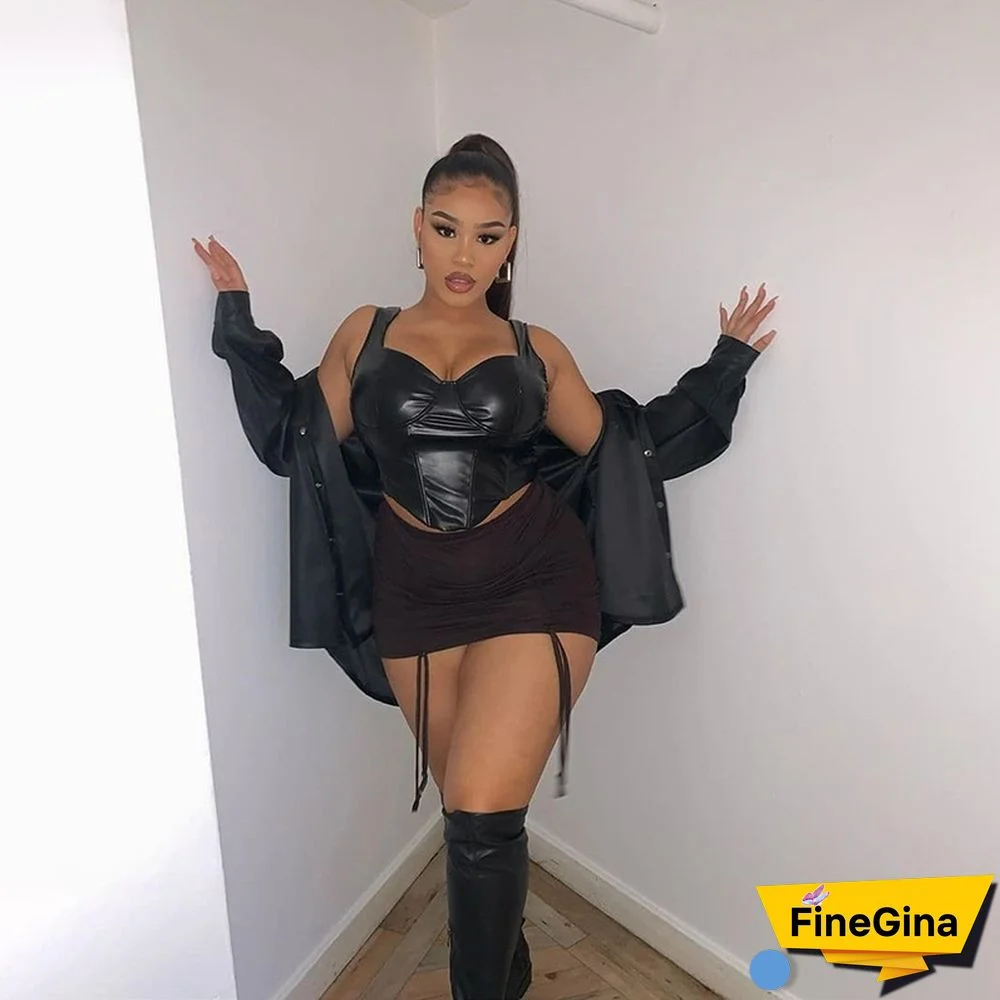 Faux Pu Leather Sexy Tank Push Up Brown Corset Crop Tops Women Club Party Sleeveless Female Backless Camis Tees