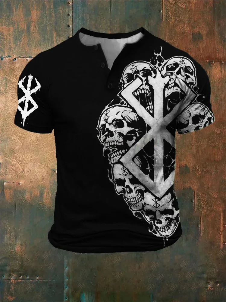 Broswear Men's Berserker Sacrifice Skulls Graphic Henley Shirt