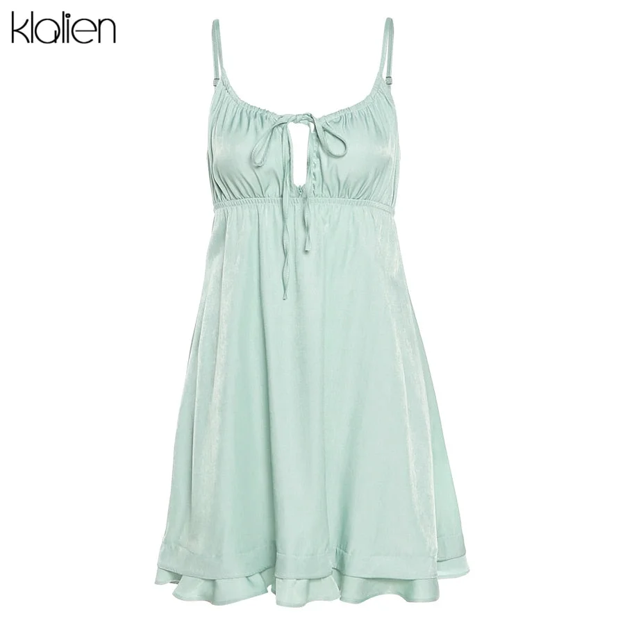 KLALIEN Summer Sexy V Neck Backless Solid A-Line Dress Women New Simple Casual Beach Vacation Club Party Female Mini Dresses