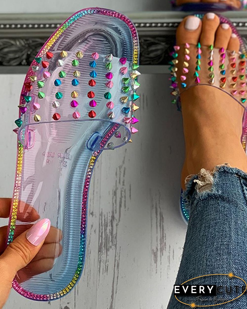 Colorblock Rivet Studded Square Toe Flat Sandals