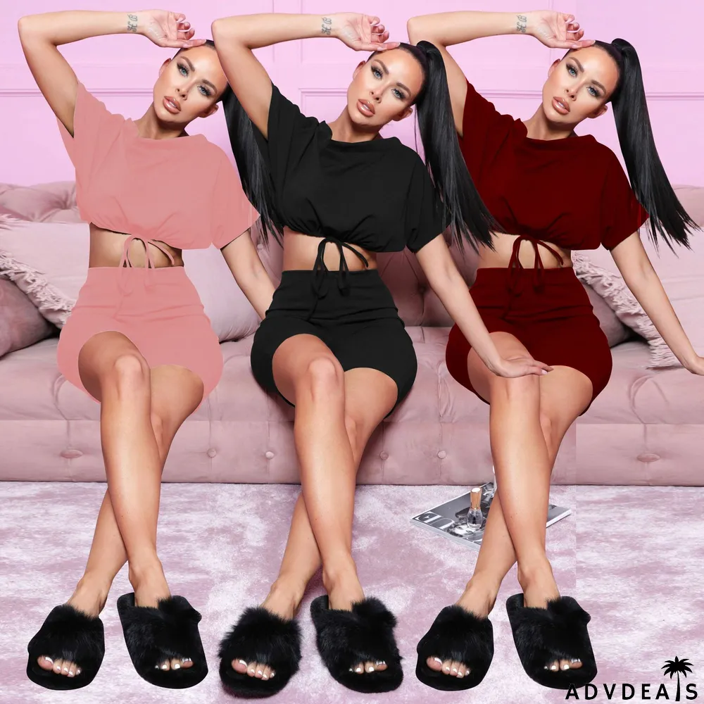 Casual Solid Color Short Sleeve Shorts Two Piece Sets