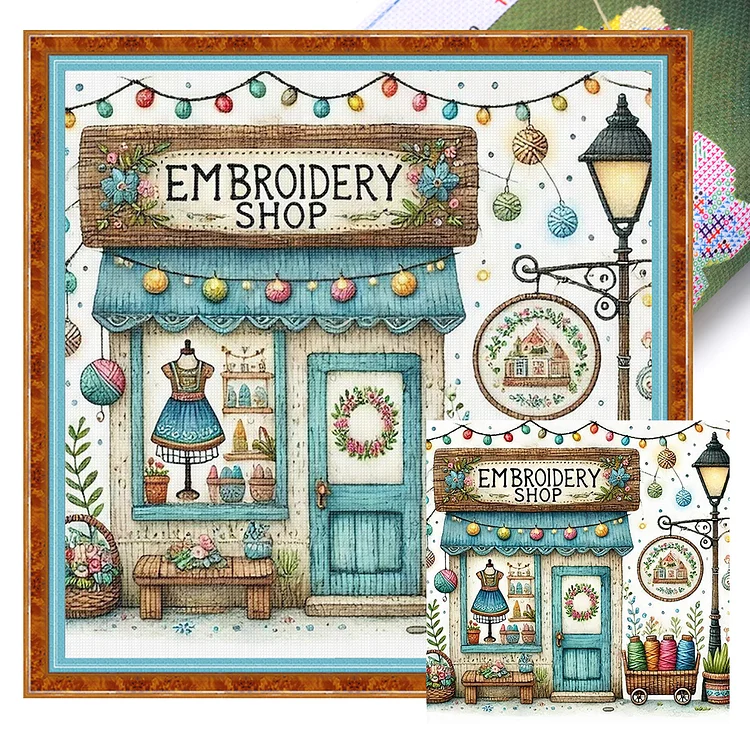 【Huacan Brand】Sewing hut 40*40cm 14CT Stamped Canvas Cross Stitch gbfke