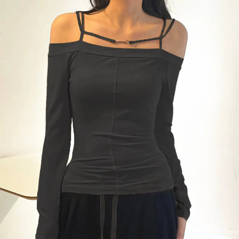 Uveng Uveng 2024 New Women's Long Sleeve One-Line Shoulder Sexy Top Casual Thin Undershirt