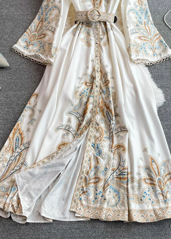 Stand collar printed long sleeve dress