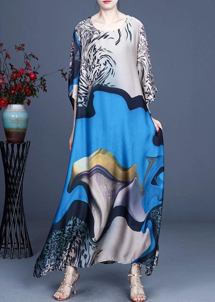 Modern Blue Print asymmetrical design Casual Summer Silk Long Dress