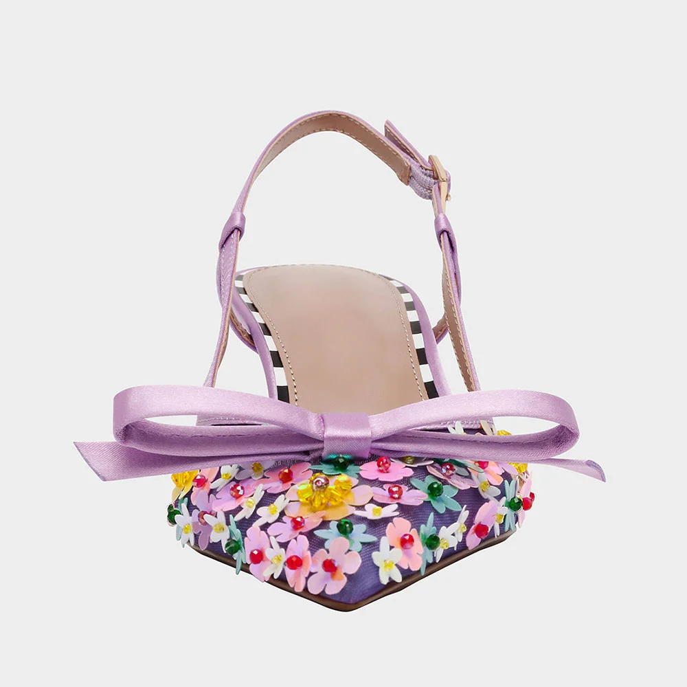 Pointed Toe Purple Slingback Pumps Heels with Colorful Flowers
