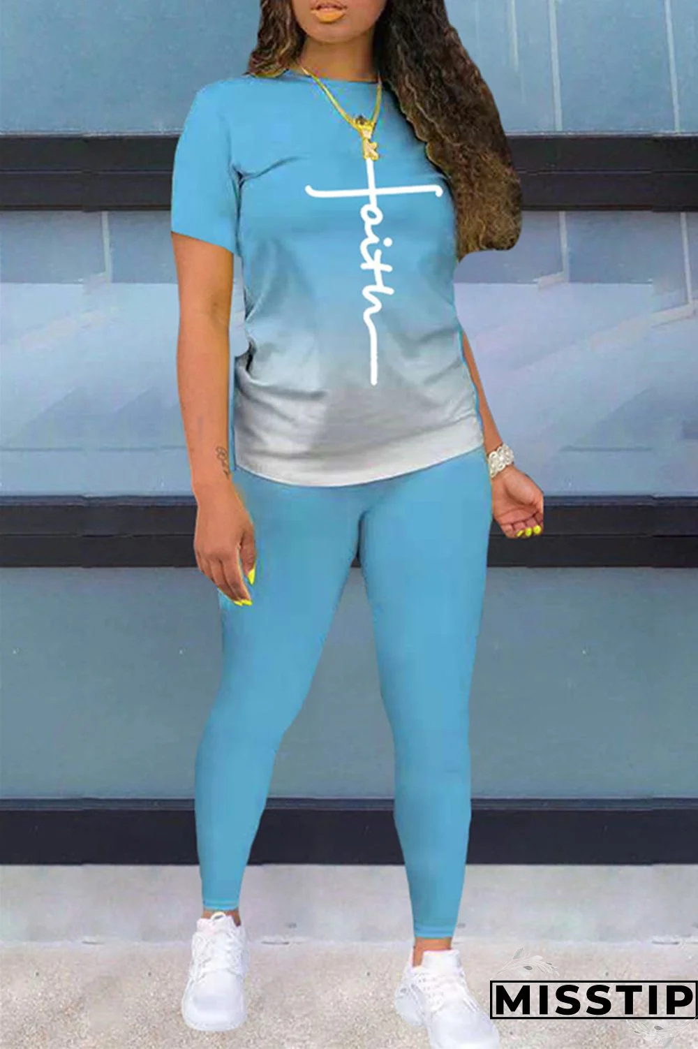 Black Fashion Casual Gradual Change Print Basic O Neck Short Sleeve Two Pieces