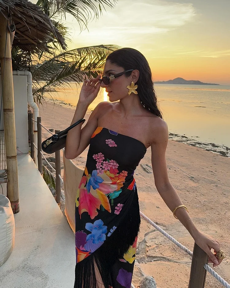 Fitvitalsupplement Women's Sexy Printed Chest Wrapped High Slit Dress Casual Off Shoulder Backless Slim Fit Vestidos Summer Holiday Party Dresses