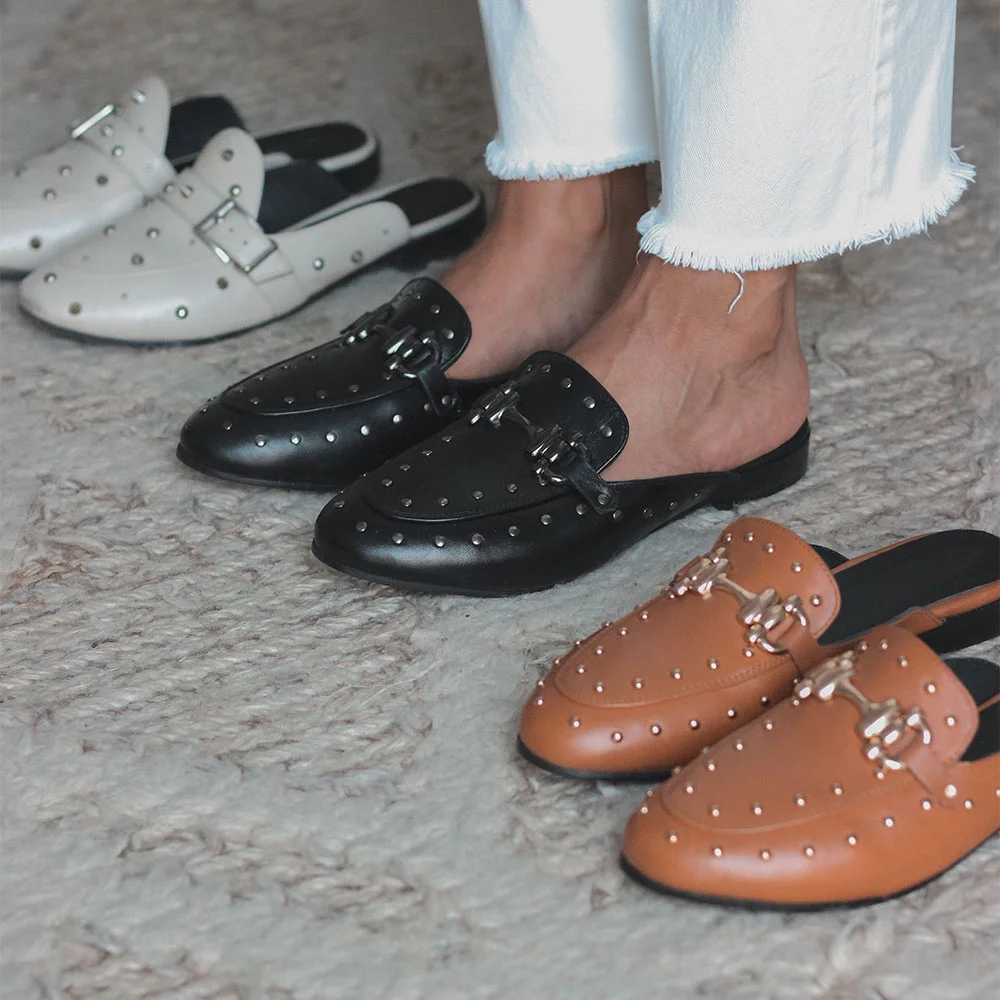 Classic Black Faux Leather Round Toe Silver Studded Mules Shoes