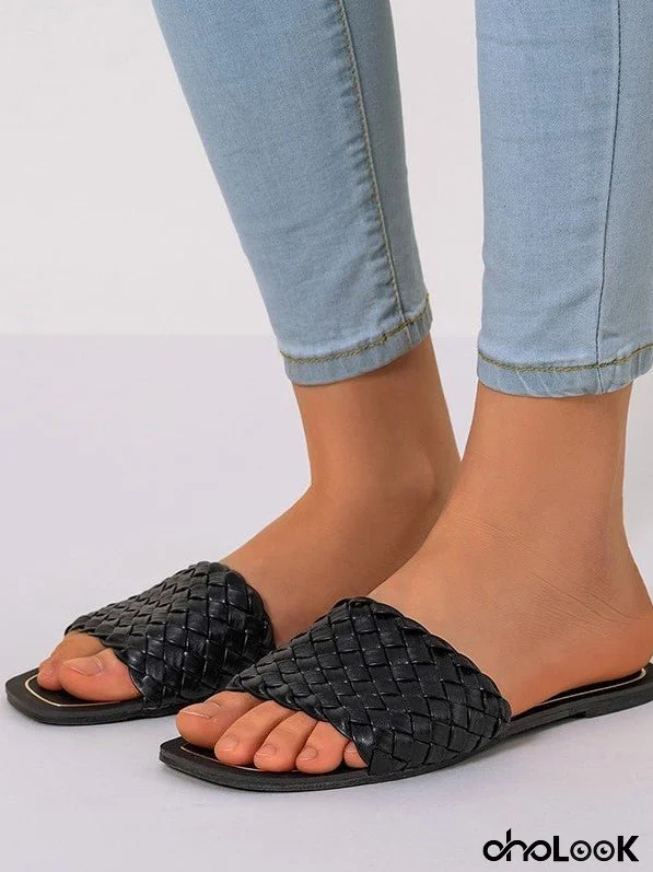 Woven Comfortable Flat Bottom Square Head Slippers