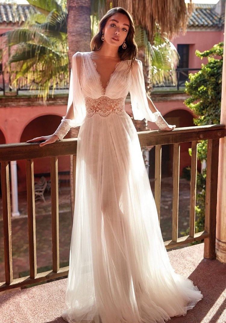 Promsstyle Promsstyle Elegant lace low cut long sleeves backless tulle dress Prom Dress 2023