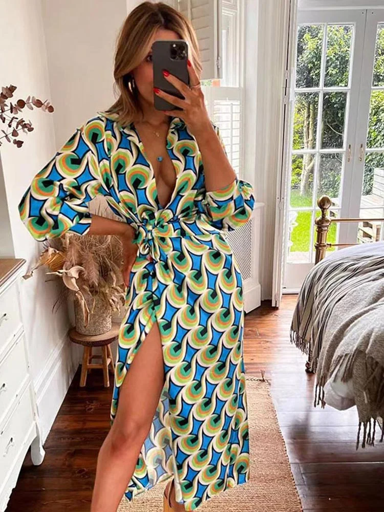 Women Vitange Pattern Print Boho Shirt Dress Female Fashion Lapel Long Sleeve Lace Up Robe 2022 Summer High Slit Loose Dresses